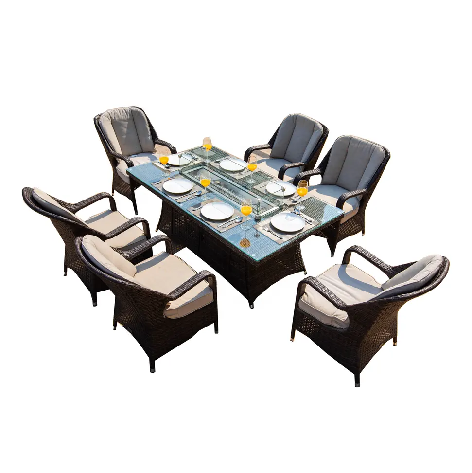 6-Seat Rectangle Dining Table Set PE Rattan Outdoor Furniture Set With Gas Fire Pit