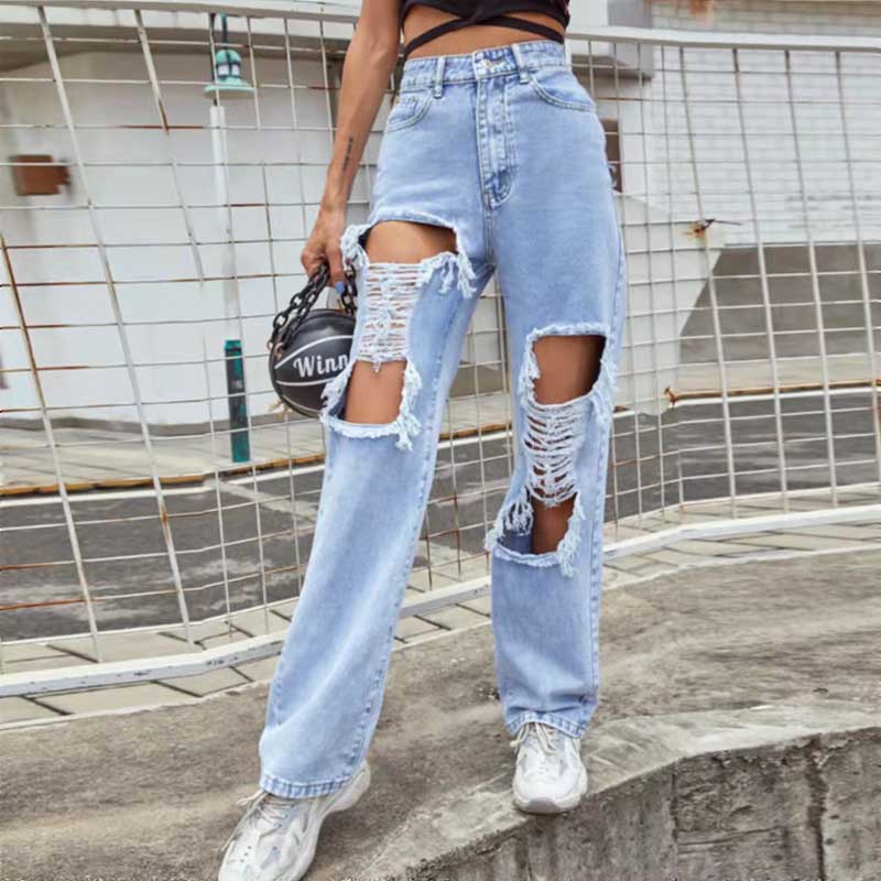 Hot Selling European American Trend Denim Trousers Women's Street Hip-hop Jeans Fashion Ripped Loose Slim
