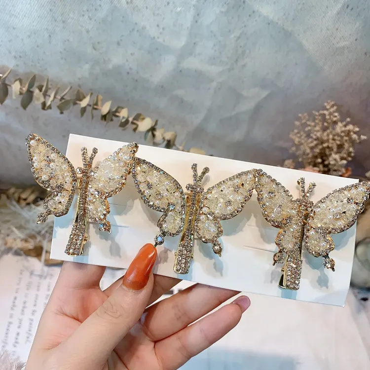 High-end moving butterfly hairpins for girls diamond hair clips rhinestone butterfly hair clip metal