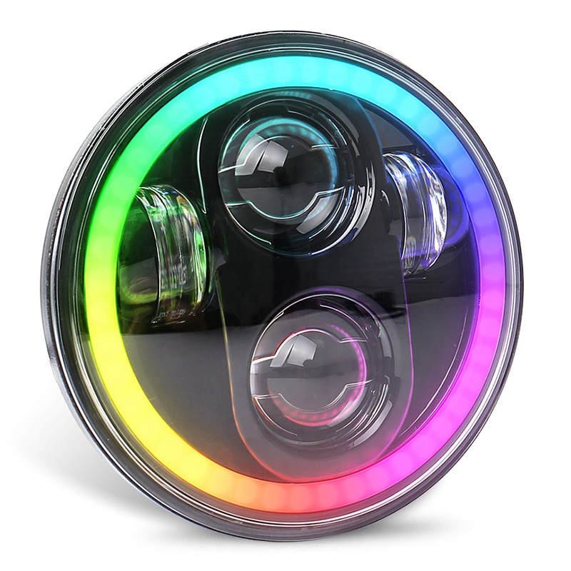 OVOVS 5,75 дюймовая круглая светодиодная фара с RGB глазами Ангела, фара с голубым зубом и дистанционным управлением для Harley Davidson