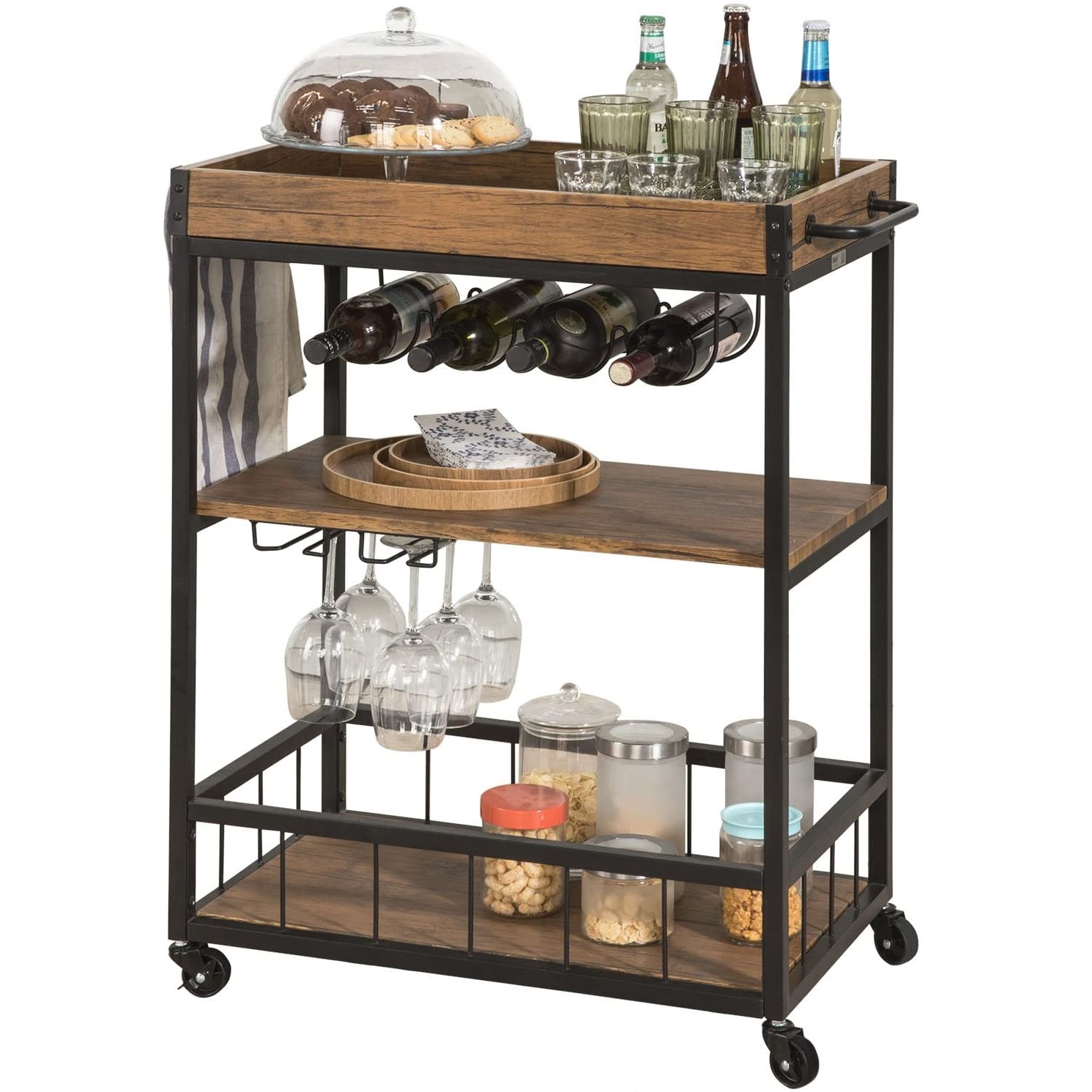 Bar Serving Cart Home Myra Rustic Mobile Kitchen Serving cart,Industrial Vintage Style Wood Metal Serving Trolley (FKW56-N)