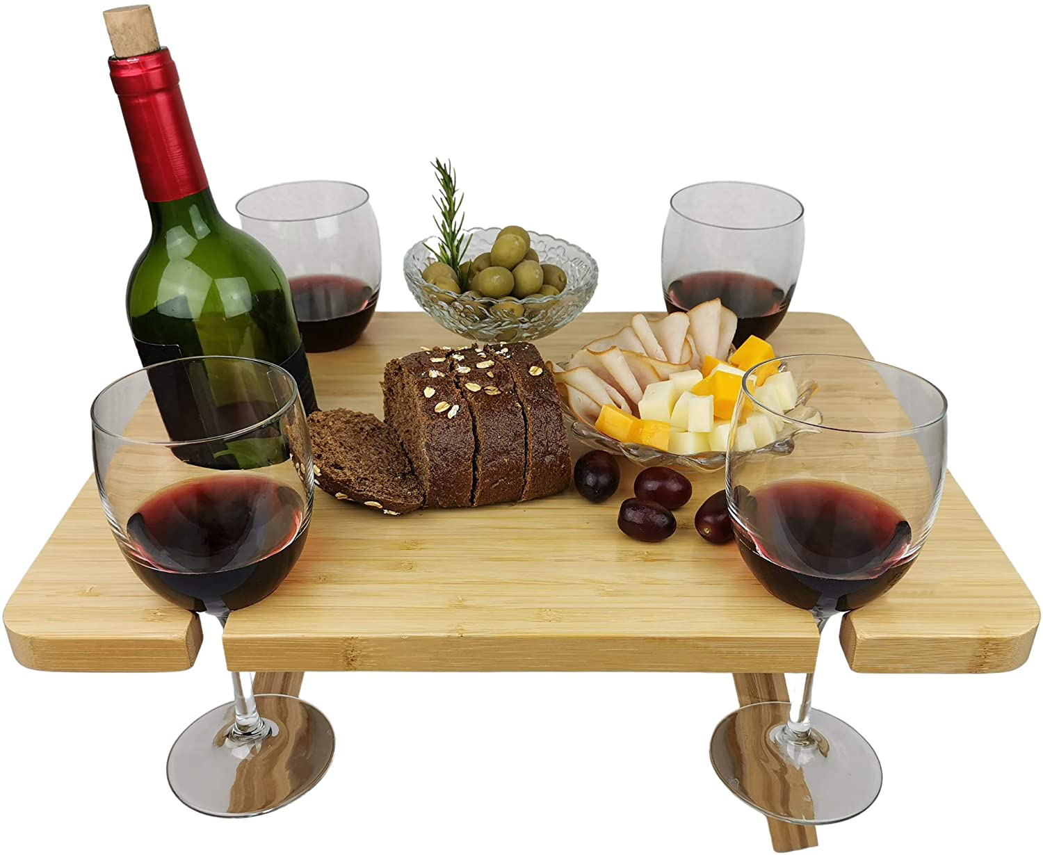 Camping Accessories Folding Low Bamboo Convertible Wooden Outdoor Picnic Table With Wine Glass Holder