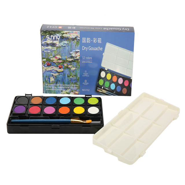 Sunny Factory Direct Non-Toxic Portable and Light weight dry gouache 12 Solid Watercolor paint set for Artists Students Hobbyist