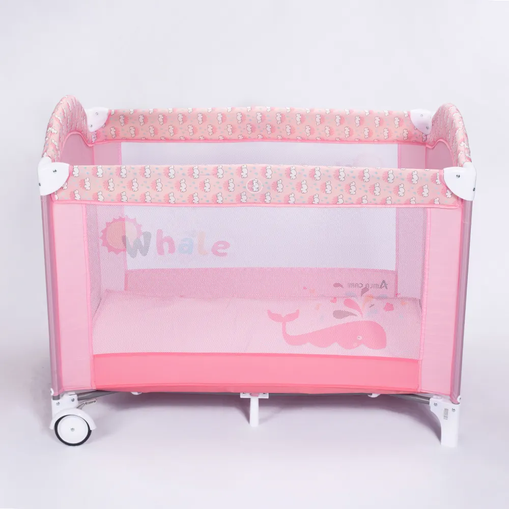 Pink Baby Crib Double Layer Baby Playpen With Wheels Folding Travel Cot With Zipper Door