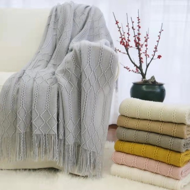 Acrylic Classic Throw Blanket Textured Solid Soft For Sofa Couch Decorative Knitted Throw