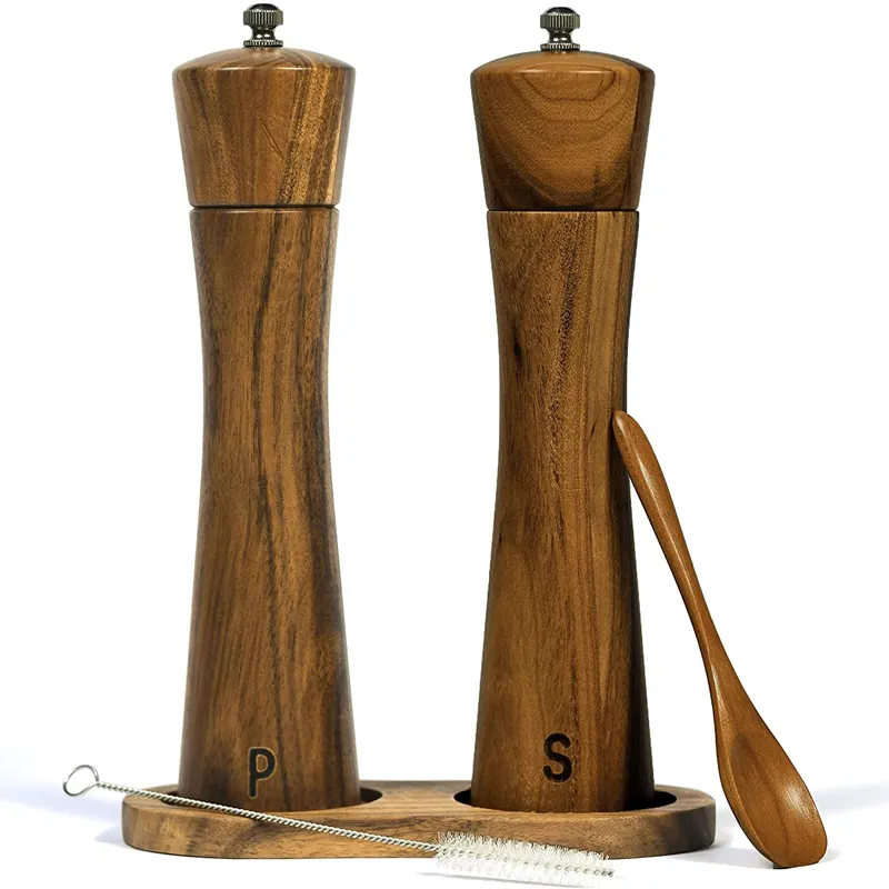 Amazon New  Two Piece 8.5 Inch Acacia Wood Adjustable Coarseness Ceramic Core Wood Manual Salt and Pepper grinder