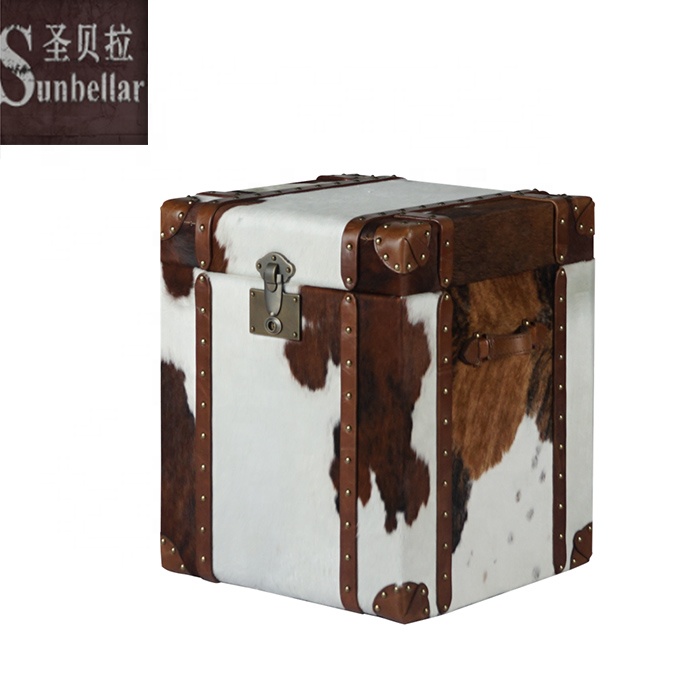 antique vintage furniture cow fur real leather side coffee table luxury living room decoration storage cabinet trunks