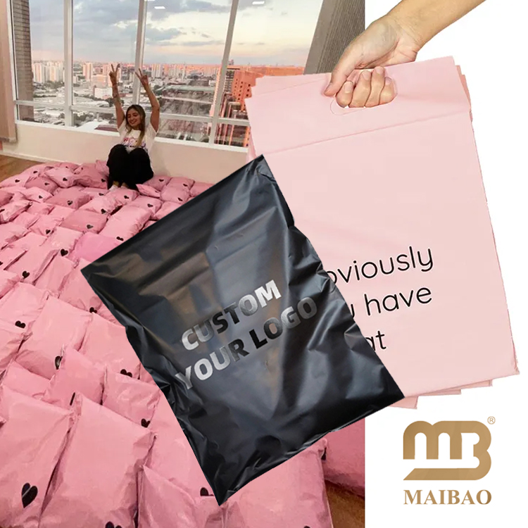 Custom pink biodegradable packaging thank you bag, polymailer shipping bag with handle, custom poly mailer bag with handle
