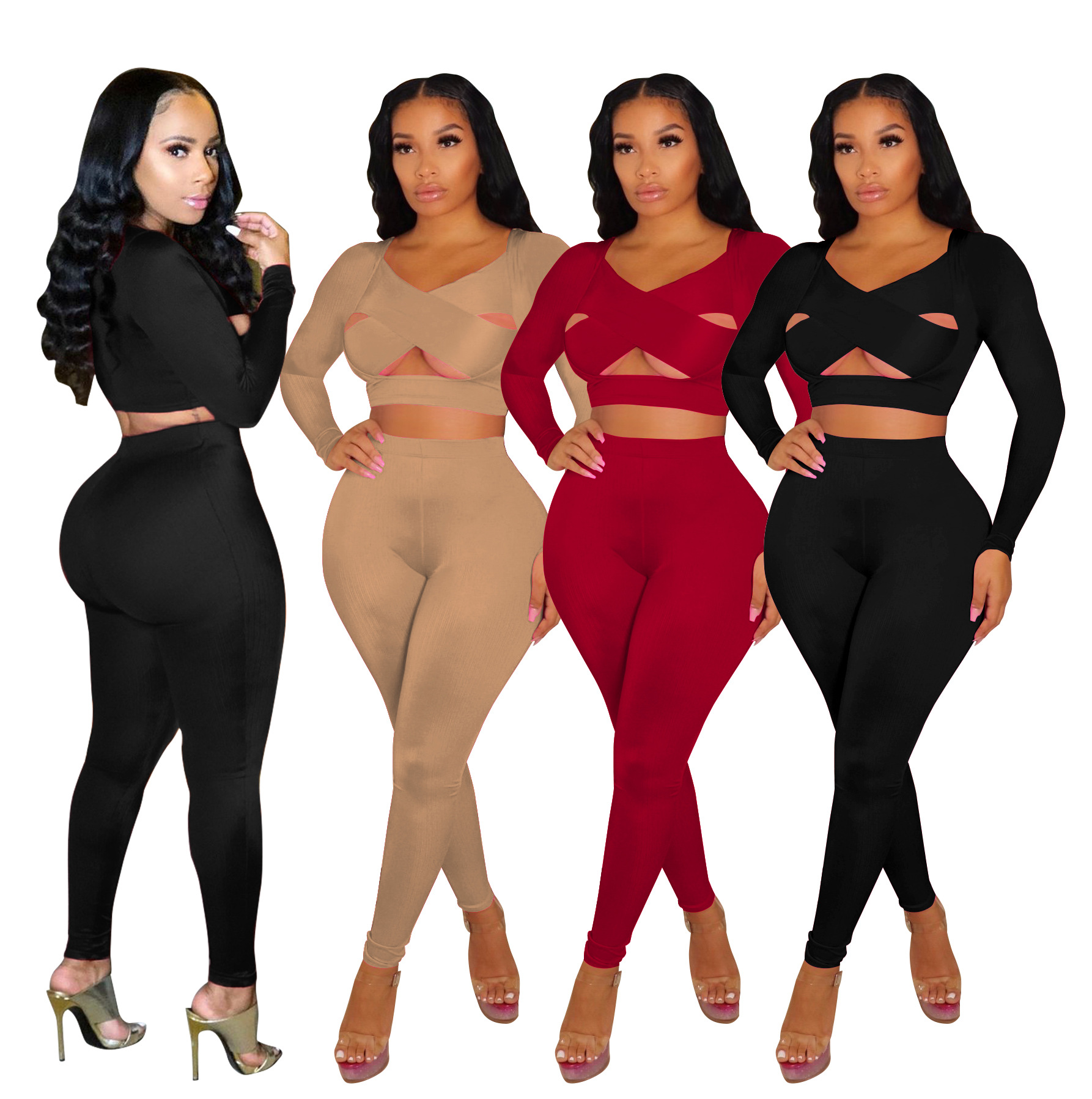 SY383-Women's осень сплошной цвет личности полые кресты-комплект из двух предметов, костюм для женщин, комплект из 2 предметов, модные женские 2021