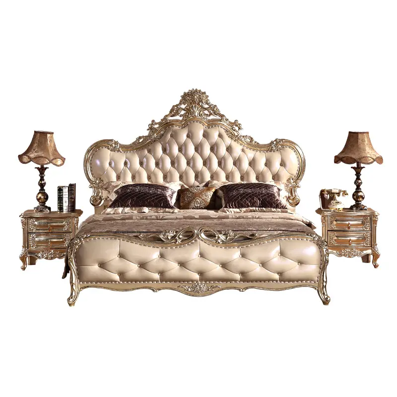 Luxury Classic Upholstered Solid Wood Carving Genuine Leather Bed For Bedroom