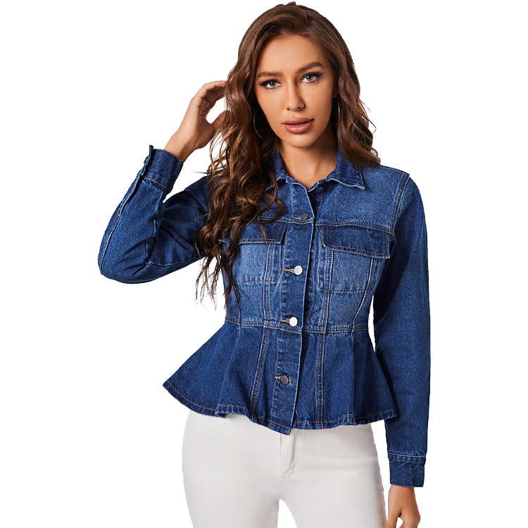 Wholesale Woman Blue Denim Jacket With Ruffle Decoration girls Classic Basic Jeans Indigo Denim Jacket