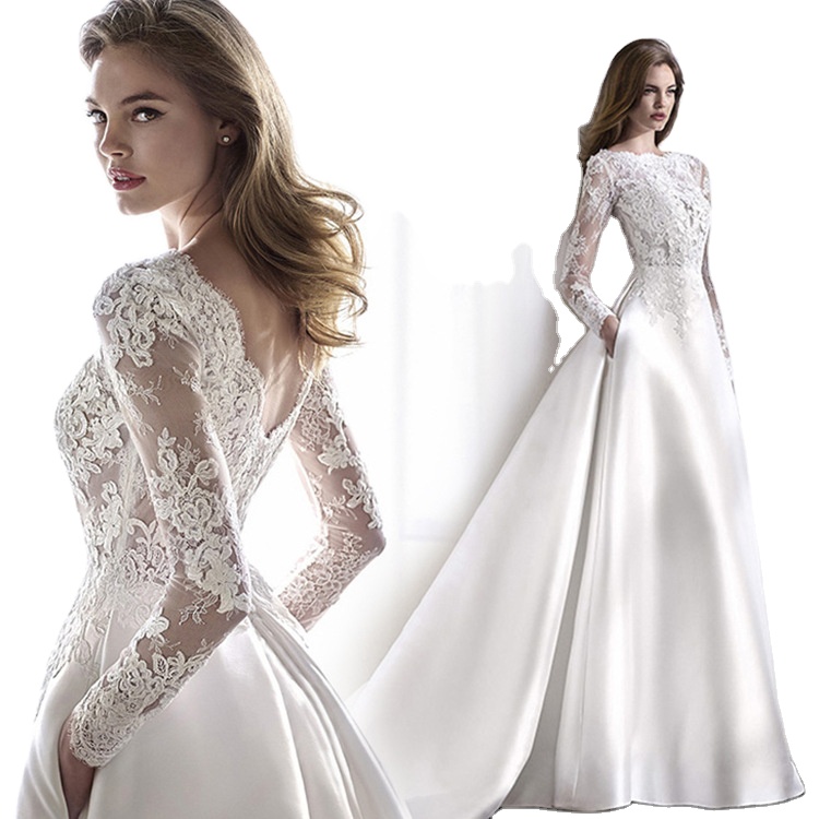 Wedding 2020 Autumn Satin Lace Slimming Fashion Bride Long Sleeve Halter Tail Wedding Dress