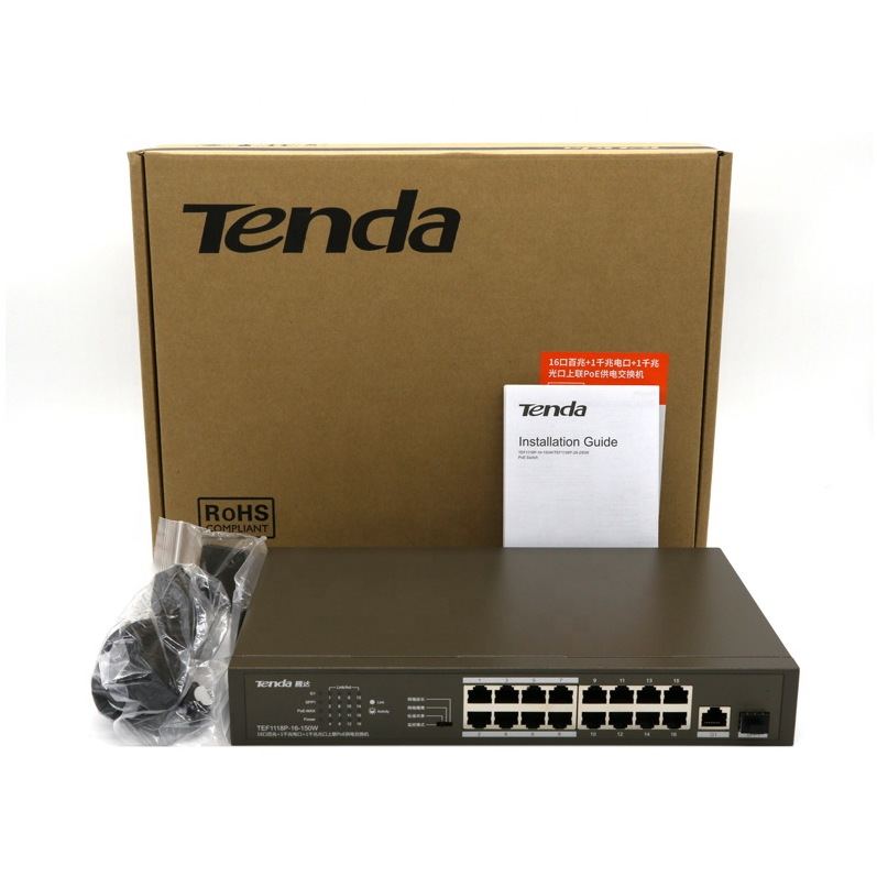 Tenda TEF1118P-16-150W 16FE + 2GE/1SFP стоечный переключатель с 16-портовой PoE