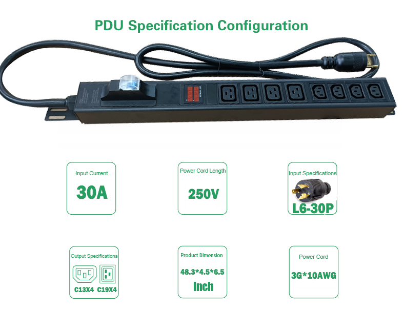 19 Inch Cabinet GPU l6 30p Nema 30 amp 240 volt  C13+C19 Outlet  high-power data centers PDU