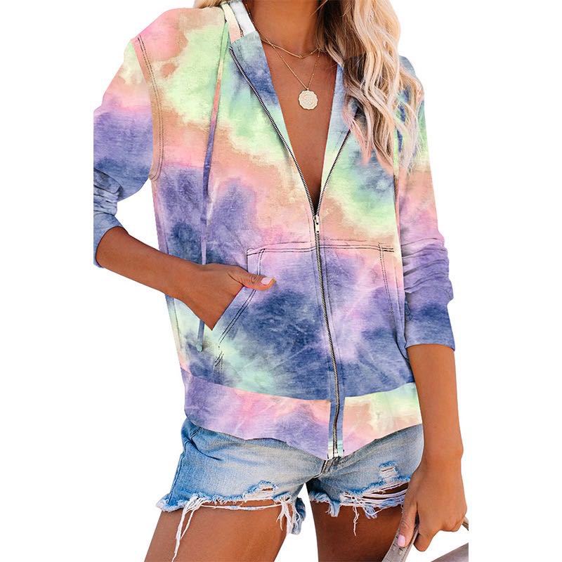 2021 Fashion Tie Dye pullover and hoodies with zipper for women after Gym keep warm and windproof