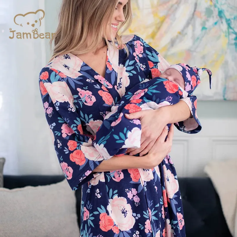Jambear organic nursing gowns and swaddle Bamboo Fiber maternity robe Mommy Robe +Baby Blanket and Bow organic Bamboo Mom Robe