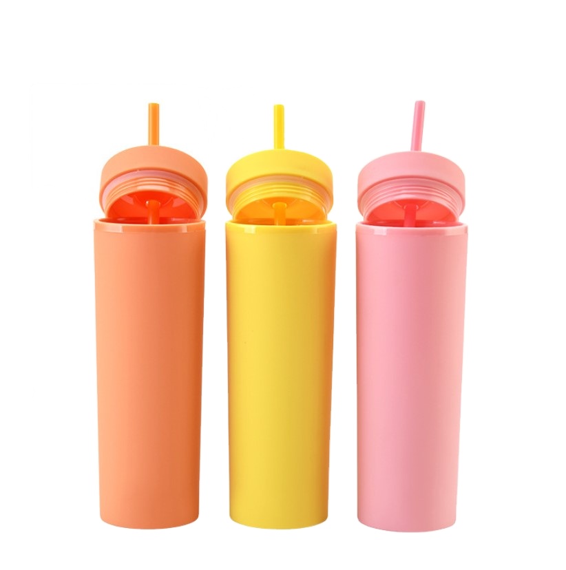 16oz Colorful Plastic tumblers double wall insulation coffee mugs curve wine tumbler with straw and lid