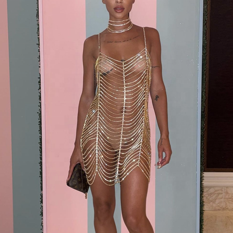 SHIHAN-Crystal Slip Cami Dress для Girls, Diamond в Silver и Gold, Handmade Full Rhinestone Chain, evening Party Dresses, Over Swimsuit