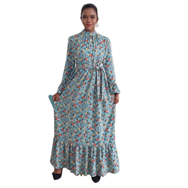 KD0823 Wholesale Latest Muslim Islamic Clothing Ramadan Ruffle Sleeve Printed Flower Women Dress Abaya