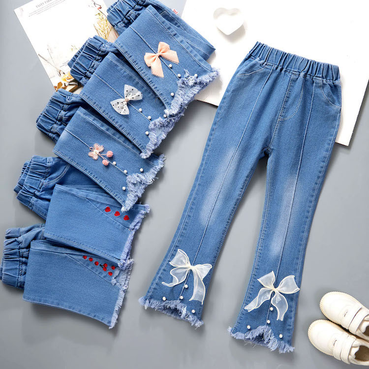 Wholesale Children girl Flare Pants Casual Loose Denim Trousers Little Kids Bell Bottoms Elastic Waist Baggy Jeans for girls