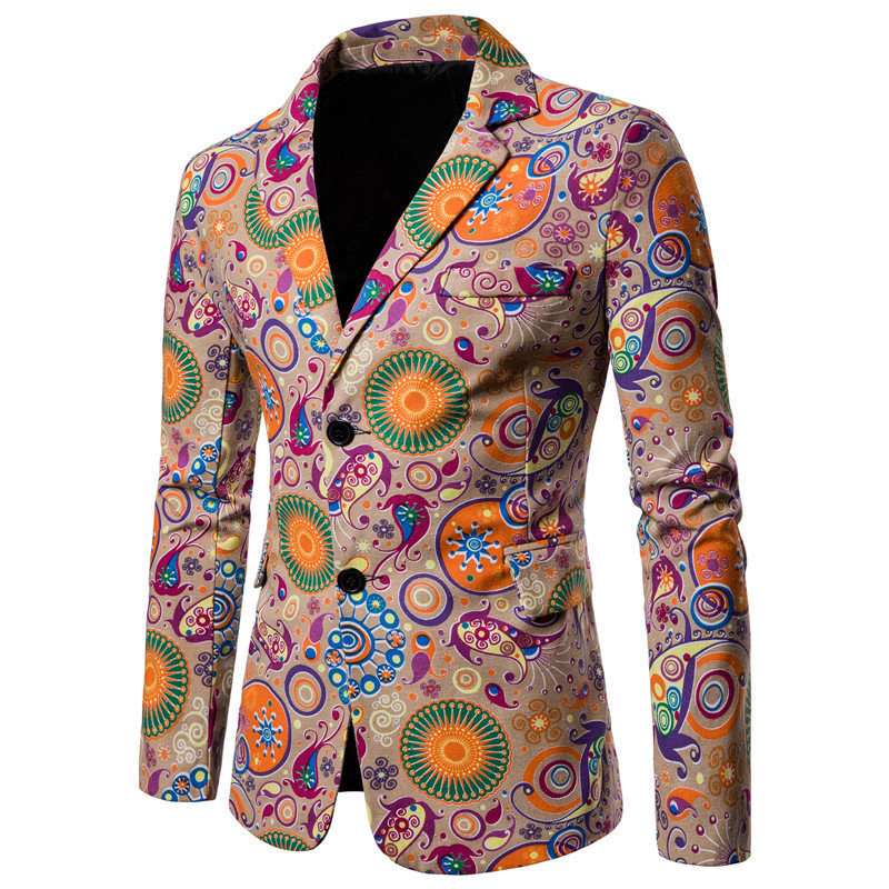 2021 Autumn And Winter New Suit Amazon Casual Ethnic Style Print Stitching Slim Small Suit Men