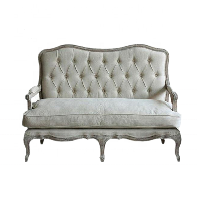 Французский стиль деревянная рамка кнопка tufted love seat sofa, резной ротанговый задний тканевый стул для отдыха