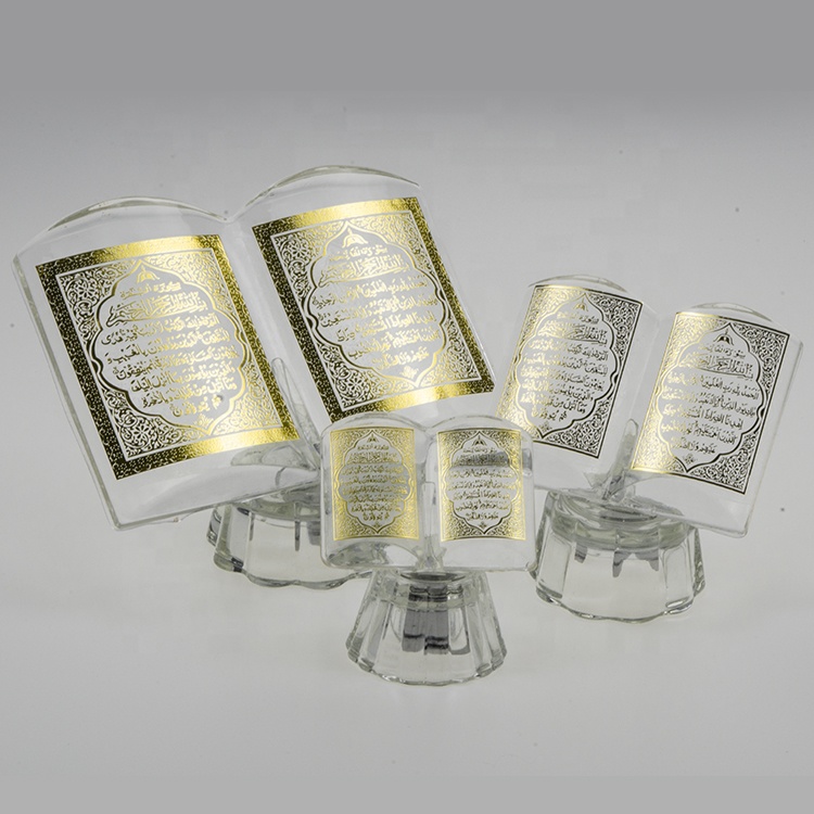 Factory sale crystal Muslim mini square quran book crafts gift with led light base for wedding souvenirs guests