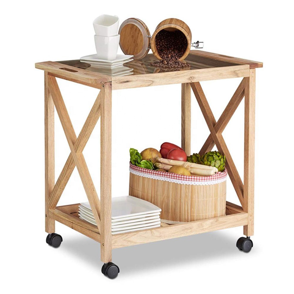 Wooden Serving Trolley with Glass Top Kitchen Cart with Wheels kitchen vegetable trolley