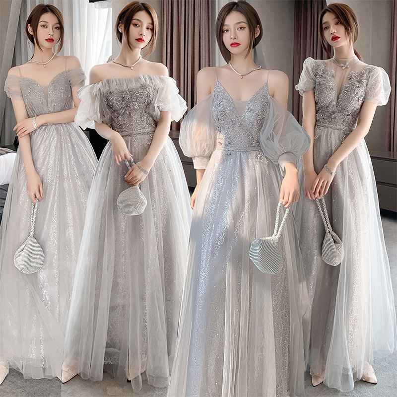 Grey Glittering Embroided Bridesmaid Wedding Dress Womens Fairy 2021 Sisters Long Flare Satin Tulle Evening Dress