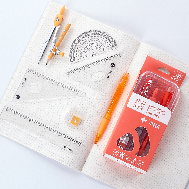 High quality 8 pieces professional school metal compass box school stationery compass set for office