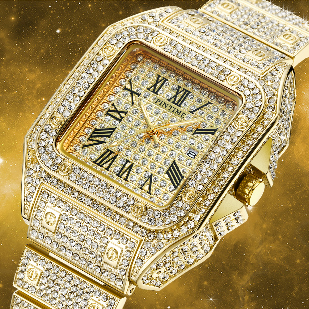 Amazon hot sale Square Watch Men Hip Hop Iced Out Watches Top Brand Luxury Gold Quartz Clock relogio masculino