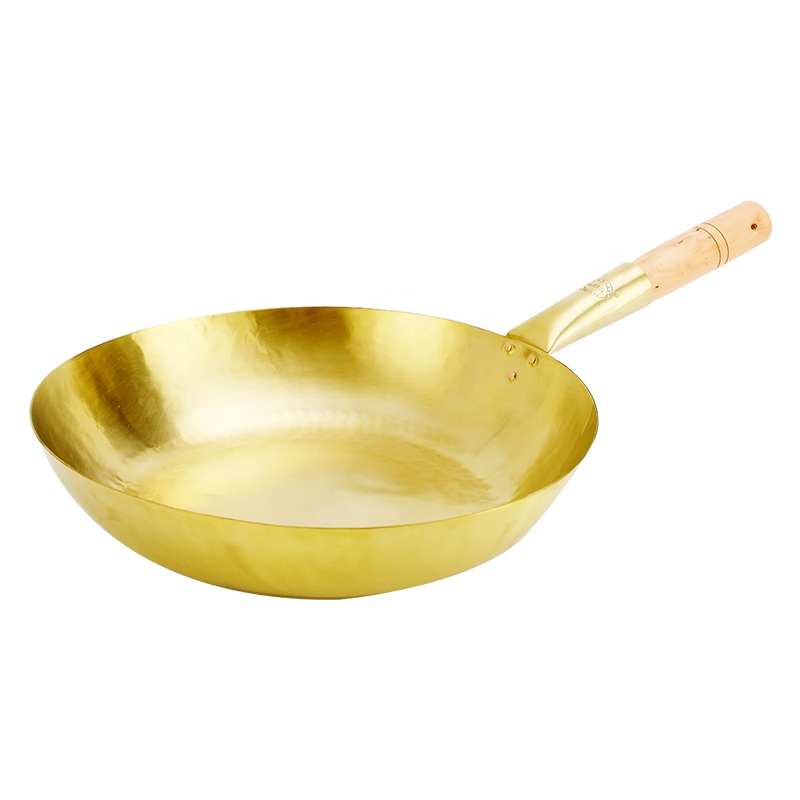 Balunbei hand-hammered pure brass wok household copper wok stir-fry round bottom wok uncoated single handle commercial without c