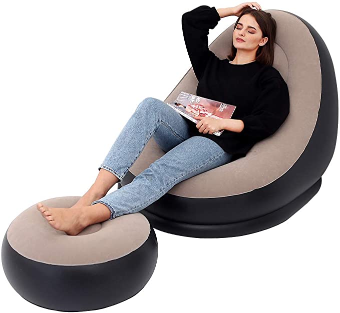 Inflatable Leisure Sofa Chair and Footstool Outdoor Folding Lounger Corner Sofa Flocking Lazy Couch Khaki