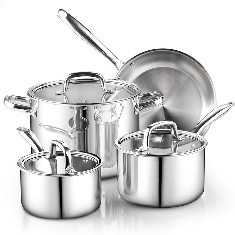 Factory 7 Pieces Tri-ply Cooking Pots And Pans Stainless Steel Sauce Pan Frying Pan Kitchenware Cookware Sets