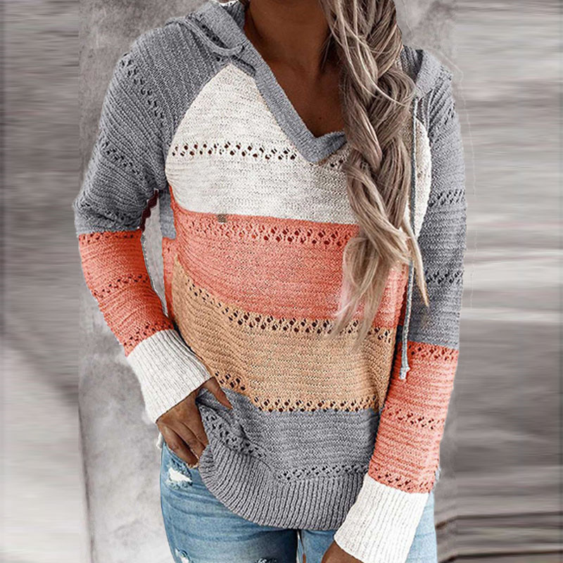 Wholesale Lady V Neck Striped Color Matching Sweater for Women Fashion Patchwork Sweaters