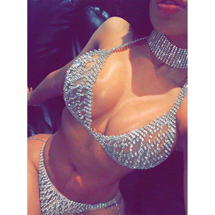 Full Diamond Flashing Bikini Body Chains Lingerie Fashion Rhinestone Bra Underwear Set Women Lingeries