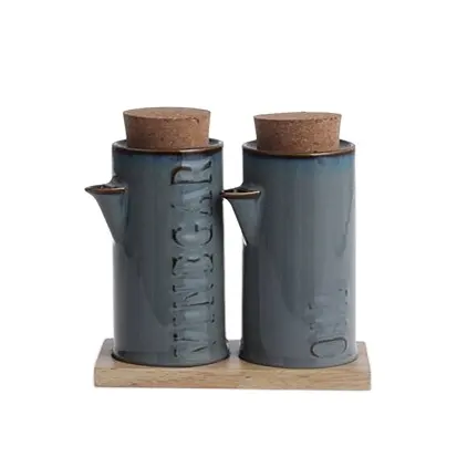 Unique Design Kitchen Used Ceramic Oil And Vinegar Bottle Set With Tray Reactive Glaze Grey Ceramic Olive Oil Bottle With Lid