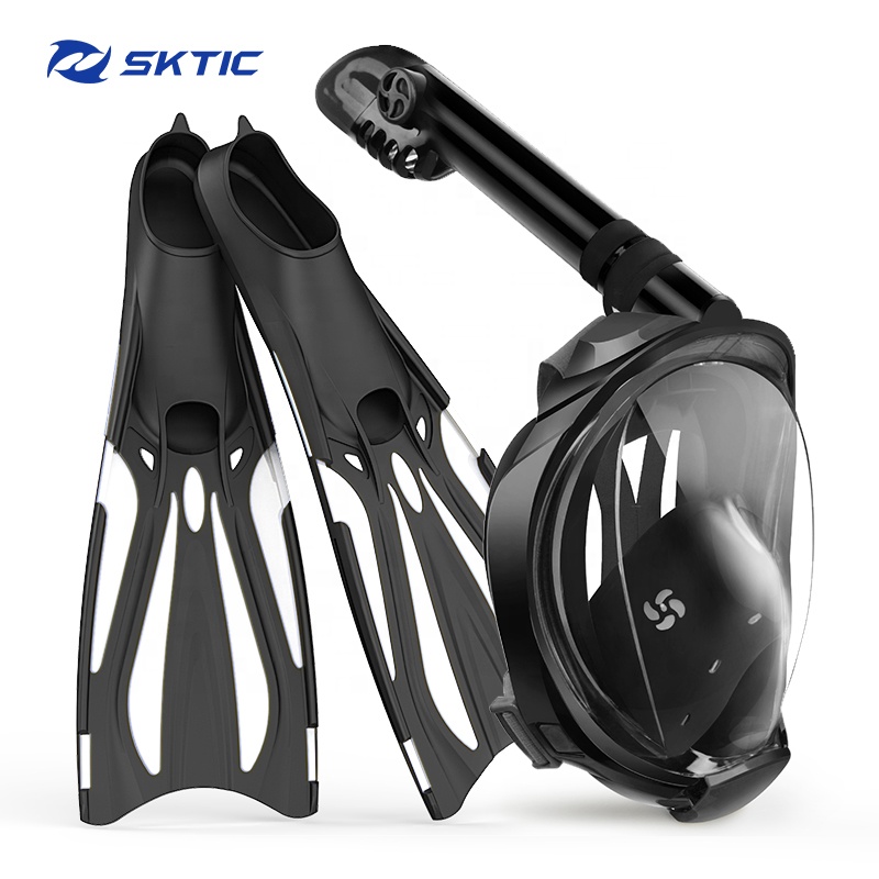 SKTIC Black Snorkel Set Dry-top Snorkel Mask With Long Fins Woman Men Freediving Fins