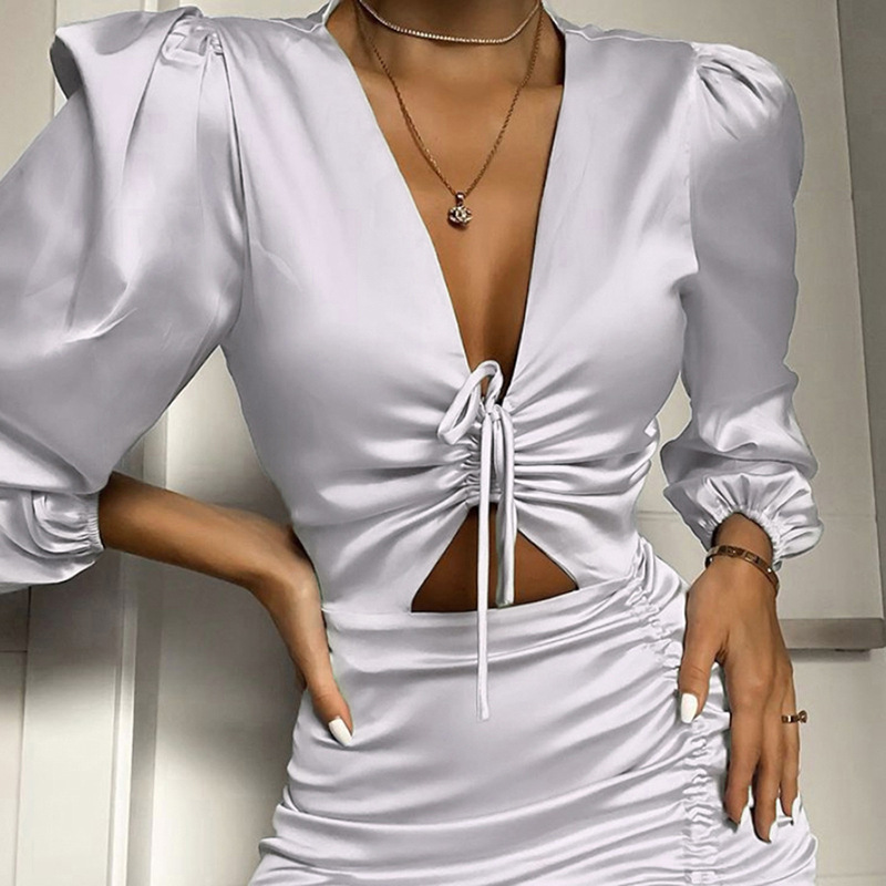 Asymmetrical Hollow Out Flounced Drawstring Ruched Long Sleeve Satin Modest Career Women's Dresses