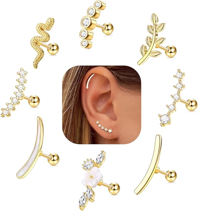 Opal Flower Snake Leaf Screw Back Stainless Steel Septum Conch Gold Stud Nose Rings Set Fashion Body Piercing Jewelry Women