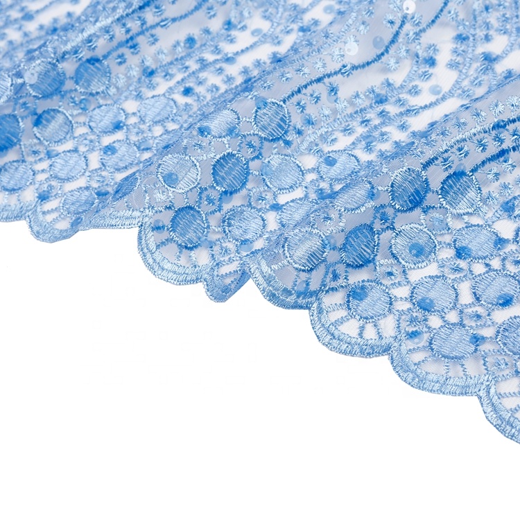 Special designs 2021 blue embroidery tulle net lucency spangle lace fabric for women