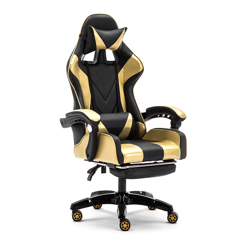 Hot Sale Lumbar Massage Gaming Chair High Back Gold Office Chair Upholstered Swivel Chair With Footrest Led Rgb Customized