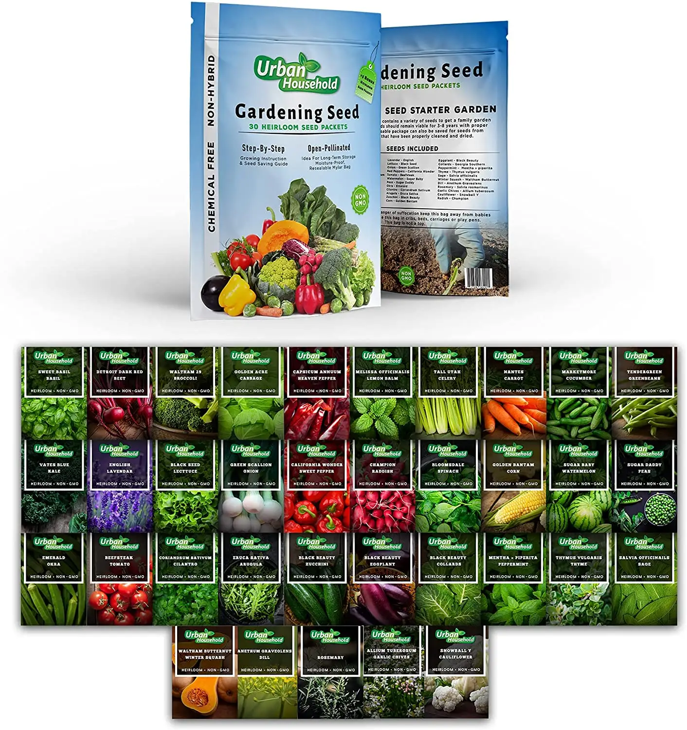 Vegetable Seeds - Set of 35 Assorted Non-GMO Vegetables & Herb Seedlings - Starter Variety Mix for Indoor & Outdoor Gardening