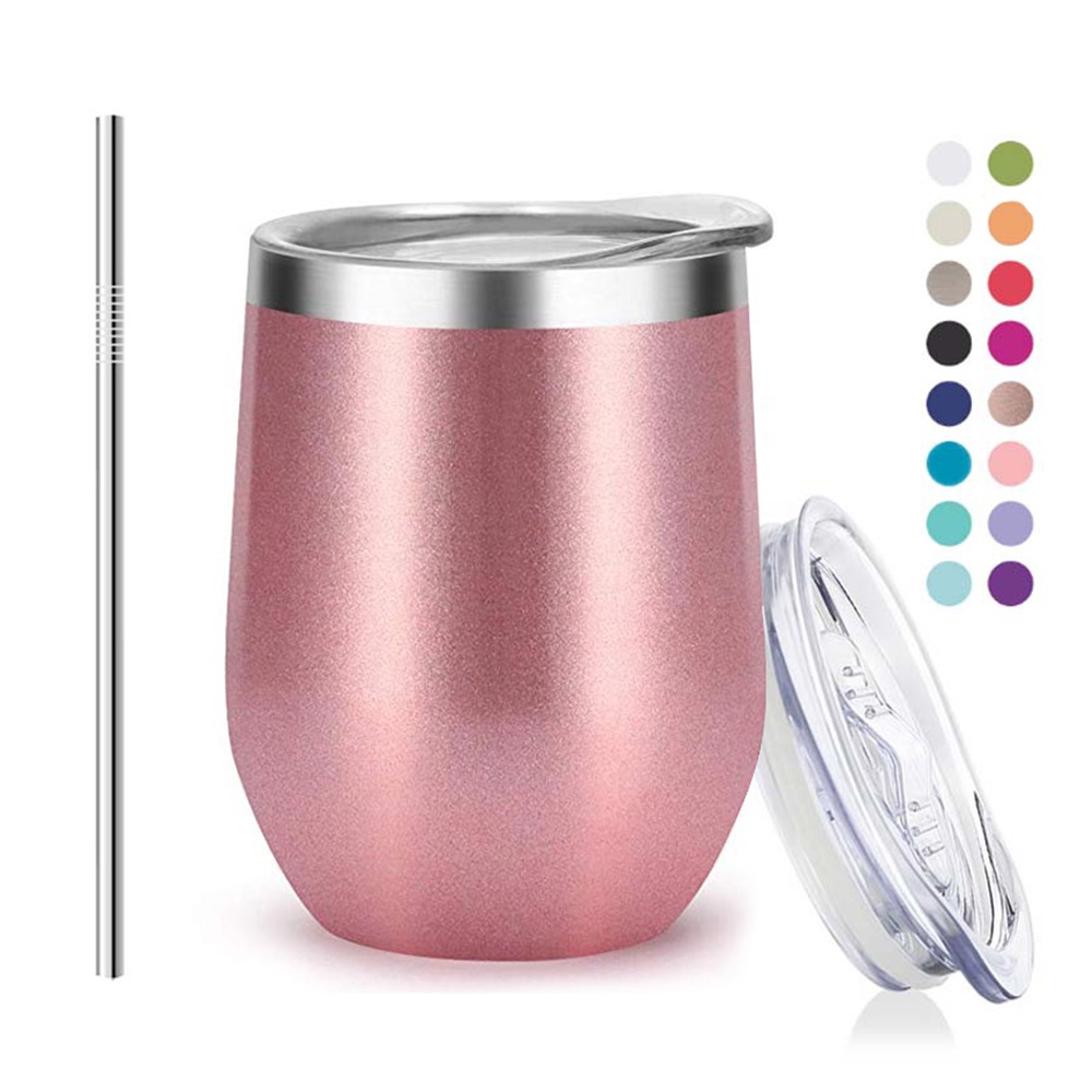 Оптовая продажа; 12oz розовое золото stemless вакуумной изоляцией яйцевидной формы кружки из нержавеющей стали на заказ винный стакан чашки с крышкой и трубочкой