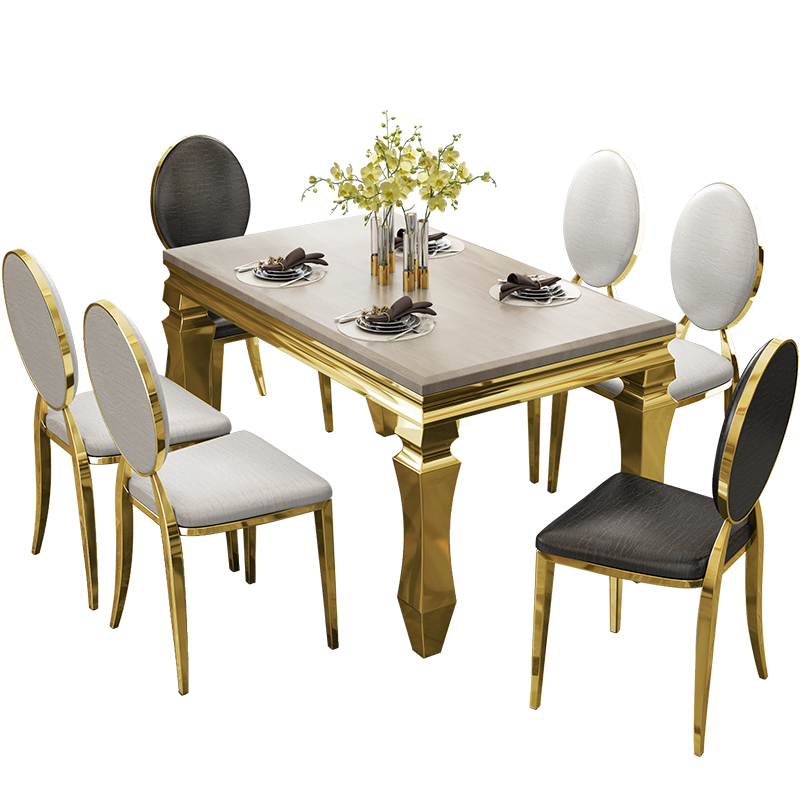 Luxury marble dining tables and chairs set Rectangular stainless steel Gold 6 Simple modern dining table for large apartment