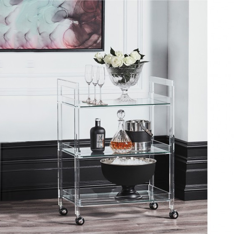 2021 Luxury High Quality Beautiful Clear Acrylic Bar Trolley Acrylic Wine Rolling Cart Hotel
