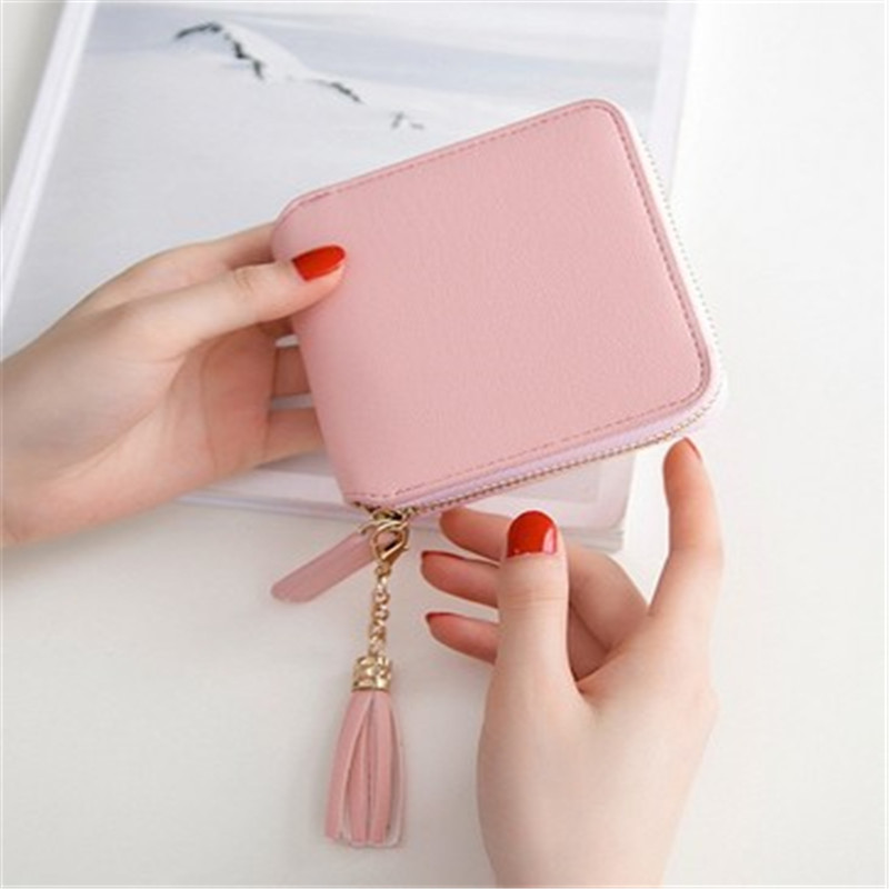 Custom 202 Korean Fashion Short Style Ladies Simple Square Zipper Tassel Wallet Mini PU Coin Purse Bag