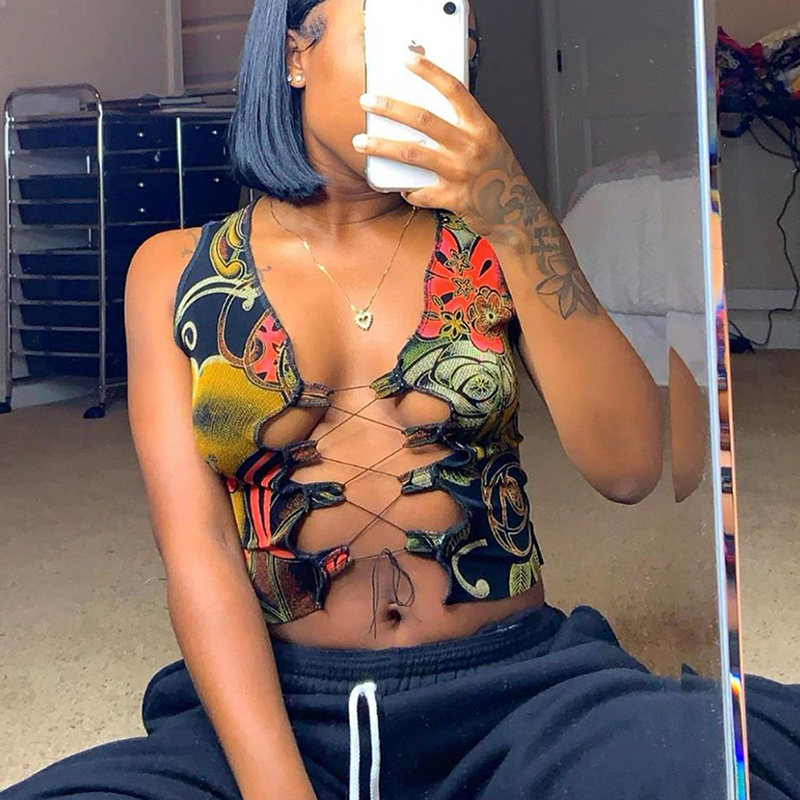Spring Y2k Clothing Fashion Mutil Color Print Bandage Hollow Out Backless Female Tank Clubwear Sexy Crop Tops For Women