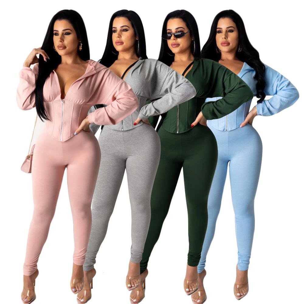 Wholesale Plus Size 2 Piece Summer Woman Clothing Bodysuit Slim Fit Hoodie Sweatsuit Set