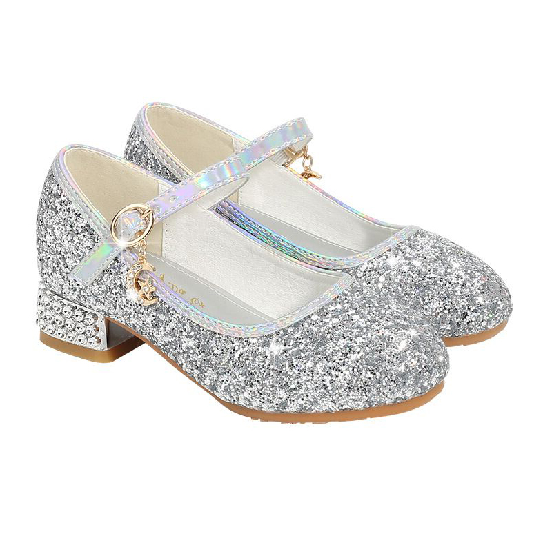 Autumn style big kids princess shoes girl piano show catwalk crystal shoes children silver leather shoes